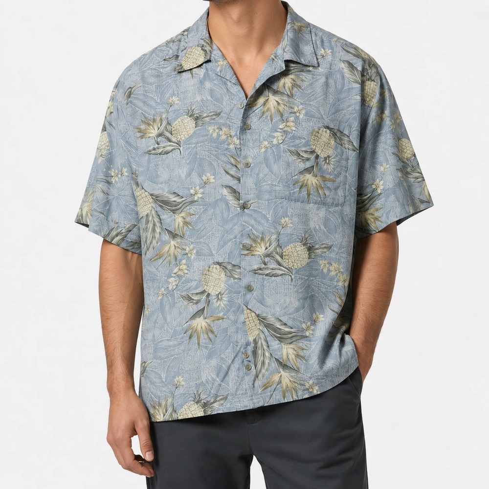 Campia Moda Mens Large Blue Pineapple Floral Rayon Short Sleeve Hawaiian Shirt